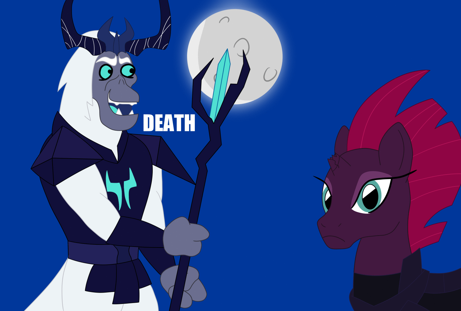 Size: 1500x1014 | Tagged: safe, artist:sergeant16bit, character:storm king, character:tempest shadow, species:pony, species:unicorn, my little pony: the movie (2017), animated, broken horn, cute, day, death, dialogue, digital, duo, duo male and female, gif, horn, life, moon, new student starfish, night, patrick star, spongebob squarepants, staff, staff of sacanas, storm king's emblem, stormabetes, sun, yeti, yin-yang