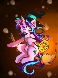 Size: 768x1024 | Tagged: safe, artist:jackytheripperart, character:starlight glimmer, species:pony, species:unicorn, broom, chest fluff, clothing, eyebrows, female, flying, flying broomstick, halloween, hat, holiday, jack-o-lantern, pumpkin, pumpkin bucket, solo, witch, witch hat
