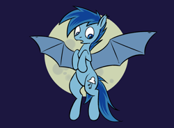 Size: 1280x942 | Tagged: safe, artist:replacer808, oc, oc only, oc:happy dream, species:bat pony, species:pony, cutie mark, flat colors, flying, looking down, male, moon, simple background, stallion