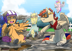 Size: 2800x2000 | Tagged: safe, artist:elzielai, character:scootaloo, oc, oc:zephyr leaf, species:pegasus, species:pony, species:unicorn, bandana, cute, cutealoo, cutie mark, determined, dirty, female, filly, foal, goggles, group, helmet, male, mud, muddy, outdoors, playing, reflection, sky, smiling, smirk, stallion, surprised, surprised face, water, wings