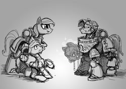 Size: 1158x818 | Tagged: safe, artist:sanity-x, oc, oc only, oc:azure taffy, oc:storm bolt, species:pony, armor, blood angels, cyborg, female, gray background, grayscale, iron hands, male, mare, monochrome, ponified, power armor, powered exoskeleton, simple background, space marine, stallion, tactical squad, warhammer (game), warhammer 40k