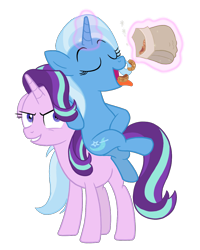 Size: 1200x1500 | Tagged: safe, artist:sazanamibd, character:starlight glimmer, character:trixie, species:pony, species:unicorn, cinnamon nuts, duo, eating, evil grin, eyes closed, female, food, glowing horn, grin, mare, nuts, open mouth, ponies riding ponies, smiling, tongue out