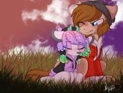 Size: 1600x1200 | Tagged: safe, artist:red_moonwolf, oc, oc only, oc:winter aurora, oc:zone blitz, species:deer, annoyed, antlers, beanie, blushing, clothing, cute, ethereal mane, facial hair, hat, hoodie, size difference, snuggling, sparkles