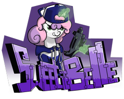 Size: 1150x920 | Tagged: dead source, safe, artist:hc0, character:sweetie belle, species:pony, backwards ballcap, baseball cap, cap, clothing, female, hat, hoodie, magic, simple background, solo, transparent background, uzi, weapon