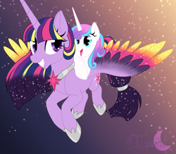 Size: 1911x1675 | Tagged: safe, artist:djspark3, artist:shadeila, base used, character:princess flurry heart, character:twilight sparkle, character:twilight sparkle (alicorn), species:alicorn, species:pony, best aunt ever, colored wings, flying, multicolored wings, older, ponies riding ponies, signature