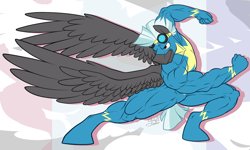 Size: 1240x744 | Tagged: safe, artist:ponyanony, character:thunderlane, species:anthro, species:unguligrade anthro, action pose, biceps, clothing, male, muscles, solo, tight clothing, uniform, wonderbolts uniform