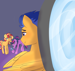 Size: 4320x4112 | Tagged: safe, artist:h0mi3, artist:triplestitch, character:flash sentry, character:sunset shimmer, character:twilight sparkle, character:twilight sparkle (scitwi), oc, oc:sparkling sapphire, parent:sci-twi, parent:sunset shimmer, parent:twilight sparkle, parents:scitwishimmer, parents:sunsetsparkle, species:pony, species:unicorn, series:sciset diary, ship:scitwishimmer, ship:sunsetsparkle, absurd resolution, baby, cocosentry, equestria girls ponified, female, implied coco pommel, lesbian, magical lesbian spawn, male, offspring, ponified, shipping, straight