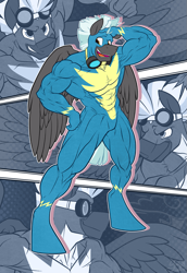 Size: 873x1270 | Tagged: safe, artist:ponyanony, character:thunderlane, species:anthro, species:unguligrade anthro, bodysuit, clothing, goggles, male, muscles, skintight clothes, solo, uniform, wonderbolts uniform, zoom layer