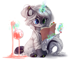 Size: 2067x1712 | Tagged: safe, artist:graypillow, oc, oc only, species:pony, species:unicorn, book, chemistry, clothing, female, florence flask, glowing horn, heterochromia, lab coat, magic, mare, potion, reading, solo, spill, telekinesis