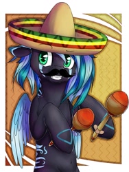 Size: 770x1024 | Tagged: safe, artist:graypillow, oc, oc only, species:pegasus, species:pony, belly button, facial hair, hoof hold, looking at you, maracas, moustache, musical instrument, solo, sombrero