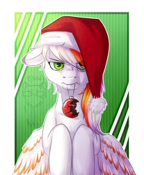 Size: 848x1024 | Tagged: safe, artist:graypillow, oc, oc only, species:pegasus, species:pony, bauble, christmas, clothing, hat, holiday, mouth hold, ornament, santa hat, solo