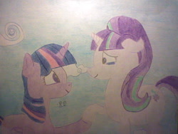 Size: 640x480 | Tagged: safe, artist:rubydeluxe, character:starlight glimmer, character:twilight sparkle, cloudsdale, holding hooves, show accurate, sky, traditional art