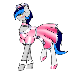 Size: 1000x1000 | Tagged: safe, artist:cappie, artist:coldlypainter, oc, oc only, oc:cappie, species:pony, blushing, clothing, collaboration, crossdressing, maid, male, satin, shiny, shoes, silk, simple background, sissy, solo, stallion, transparent background, uniform