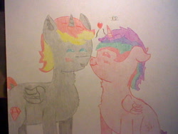 Size: 640x480 | Tagged: safe, artist:rubydeluxe, oc, oc only, oc:holly dance, oc:rd, species:alicorn, species:pony, alicorn oc, blushing, boop, female, male, new art style, noseboop, nuzzling, shipping, smiling, straight, traditional art