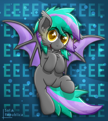 Size: 3500x3922 | Tagged: safe, artist:sol-r, oc, oc only, species:bat pony, species:pony, :t, abstract background, bat pony oc, bat wings, belly button, cheek fluff, chest fluff, colored pupils, cute, cute little fangs, ear fluff, ear tufts, eeee, fangs, female, fluffy, flying, high res, looking at you, mare, multicolored hair, ocbetes, open mouth, smiling, solo, spread wings, text, wingding eyes, wings