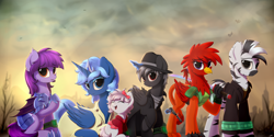 Size: 7000x3500 | Tagged: safe, artist:avastin4, oc, oc only, oc:fast times, oc:platinum glitter, oc:princess jade, oc:valkyrie bloodtail, oc:witching hour, oc:zed, species:alicorn, species:bat pony, species:earth pony, species:griffon, species:pony, species:zebra, fallout equestria, alicorn oc, artificial alicorn, bat pony oc, bat wings, blank flank, blue alicorn (fo:e), dead tree, eyes closed, fallout 4, fallout equestria: commonwealth, fanfic, fanfic art, fangs, female, filly, foal, group photo, gun, handgun, high res, hooves, horn, lying down, magic, male, mare, open mouth, pipbuck, pistol, prone, sitting, stallion, standing, tree, wasteland, weapon, wings
