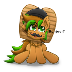 Size: 4000x4000 | Tagged: safe, alternate version, artist:sol-r, oc, oc only, oc:french toast, species:earth pony, species:pony, absurd resolution, bread, bread head, clothing, costume, dialogue, ear fluff, facial hair, female, food, hat, mare, moustache, multicolored hair, nightmare night costume, simple background, sitting, solo, toast, transparent background, vector