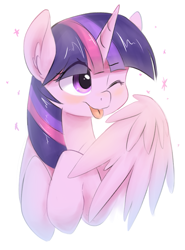 Size: 591x800 | Tagged: safe, artist:aymint, character:twilight sparkle, character:twilight sparkle (alicorn), species:alicorn, species:pony, blep, blushing, cute, female, mare, one eye closed, raspberry, silly, simple background, smiling, solo, sparkles, spread wings, tongue out, twiabetes, white background, wings, wink