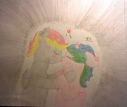 Size: 550x465 | Tagged: safe, artist:rubydeluxe, derpibooru original, oc, oc only, oc:holly dance, oc:rd, species:alicorn, species:pony, alicorn oc, blushing, colored, cute, eyes closed, female, heart, horn, kissing, love, male, pencil drawing, rubydance, shipping, simple background, straight, traditional art, wings