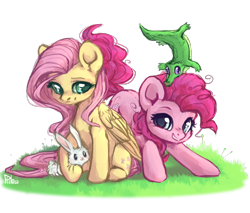 Size: 2000x1706 | Tagged: safe, artist:graypillow, character:angel bunny, character:fluttershy, character:gummy, character:pinkie pie, species:earth pony, species:pegasus, species:pony, cute, diapinkes, duo, female, grass, kinetic contrast, looking at you, mare, shyabetes, simple background, transparent background