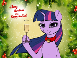 Size: 4000x3000 | Tagged: safe, artist:deltahedgehog, character:twilight sparkle, absurd resolution, bell, cat bell, champagne, collar, female, happy new year, happy new year 2018, holiday, holly, hoof hold, looking at you, merry christmas, signature, smiling, solo