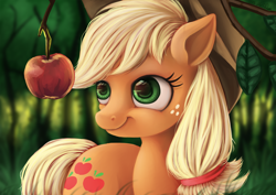 Size: 1800x1273 | Tagged: safe, artist:wourdeluck, character:applejack, species:earth pony, species:pony, apple, female, leaf, mare, obligatory apple, smiling, solo, tree