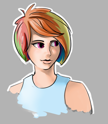Size: 1322x1512 | Tagged: safe, artist:batonya12561, character:rainbow dash, species:human, alternate hairstyle, bust, clothing, female, humanized, rainbow hair, short hair, simple background, solo