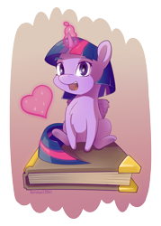 Size: 1429x2000 | Tagged: safe, artist:batonya12561, character:twilight sparkle, character:twilight sparkle (alicorn), species:alicorn, species:pony, g4, alternate hairstyle, book, bookhorse, chest fluff, chibi, cute, female, glowing horn, heart, looking at you, magic, mare, open mouth, short hair, simple background, sitting, smiling, solo, that pony sure does love books, tiny ponies, twiabetes