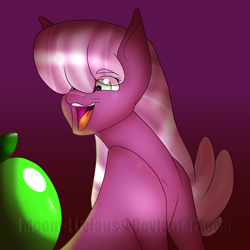 Size: 1280x1280 | Tagged: safe, artist:peep-dis, character:cheerilee, species:earth pony, species:pony, apple, female, food, mare, open mouth, smiling, solo