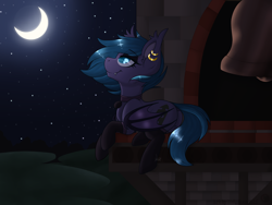Size: 4000x3000 | Tagged: safe, artist:red_moonwolf, oc, oc only, oc:belfry towers, species:bat pony, bell, clothing, dock, eyeshadow, female, high res, jewelry, looking up, makeup, moon, necklace, on side, piercing, prone, resting, sky, smiling, socks, solo, starry night, stars, tower