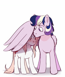 Size: 1280x1493 | Tagged: safe, artist:whisperseas, oc, oc only, oc:concord, oc:nymph, parent:king sombra, parent:princess cadance, parent:queen chrysalis, parent:shining armor, parents:chrysombra, parents:shiningcadance, species:pegasus, species:pony, albino, disguise, disguised changeling, female, hug, hybrid, interspecies offspring, male, mare, offspring, shade, simple background, stallion, white background, wing shelter, winghug