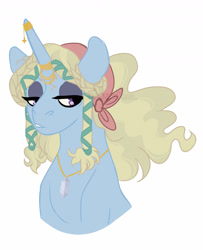 Size: 1463x1800 | Tagged: safe, artist:whisperseas, oc, oc only, oc:blue moon, parent:prince blueblood, parent:trixie, parents:bluetrix, species:pony, species:unicorn, bust, female, horn jewelry, jewelry, lidded eyes, mare, offspring, simple background, solo, white background