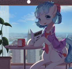 Size: 2053x1972 | Tagged: safe, artist:togeticisa, character:coco pommel, species:pony, city, female, looking at you, mare, menu, restaurant, sitting, smiling, solo, table