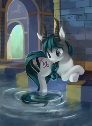 Size: 590x808 | Tagged: safe, artist:bakuel, species:pony, capricorn, crossed hooves, cute, horoscope, ponified, ponyscopes, scenery, tongue out, water, zodiac