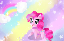 Size: 1150x750 | Tagged: safe, artist:sweethearts11, character:pinkie pie, species:pony, chest fluff, chibi, female, heart eyes, rainbow, solo, tongue out, wingding eyes