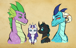 Size: 1632x1040 | Tagged: safe, artist:miyathegoldenflower, character:princess ember, character:rarity, character:spike, character:thorax, ship:emberspike, ship:sparity, ship:thoraxspike, alternate hairstyle, alternate universe, bisexual, braid, bust, ear piercing, earring, emberity, embrax, female, gay, harem, horn ring, interspecies, jewelry, lesbian, looking at you, male, necklace, older, older ember, older spike, ot4, piercing, polyamory, rarax, shipping, spembrax, spike gets all the mares, straight