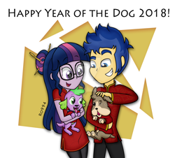 Size: 1024x925 | Tagged: safe, artist:ro994, character:flash sentry, character:spike, character:spike (dog), character:twilight sparkle, character:twilight sparkle (scitwi), species:dog, species:eqg human, ship:flashlight, g4, my little pony: equestria girls, my little pony:equestria girls, 2018, banana, banana (dog), chinese new year, female, food, male, sciflash, shipping, straight, watermark, year of the dog