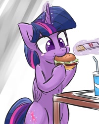 Size: 640x800 | Tagged: safe, artist:gamijack, character:twilight sparkle, character:twilight sparkle (alicorn), species:alicorn, species:pony, burger, cute, eating, female, food, hay burger, mare, nom, soda, solo, that pony sure does love burgers, twiabetes, twilight burgkle