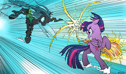 Size: 2414x1424 | Tagged: safe, artist:yewdee, character:queen chrysalis, character:twilight sparkle, character:twilight sparkle (alicorn), species:alicorn, species:pony, crying, duo, fight, fireball, i can't believe it's not idw, magic, snorting