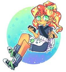Size: 768x842 | Tagged: safe, artist:jackytheripperart, character:sunset shimmer, episode:good vibes, eqg summertime shorts, g4, my little pony: equestria girls, my little pony:equestria girls, apron, chopsticks, clothing, converse, female, happi, shoes, smiling, sneakers, solo, sunset sushi, toy interpretation, uniform