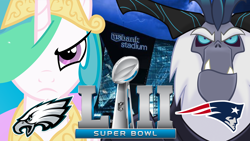 Size: 1920x1080 | Tagged: safe, artist:craftybrony, character:princess celestia, character:storm king, my little pony: the movie (2017), american football, new england patriots, nfl, nfl playoffs, obligatory pony, philadelphia eagles, sports, super bowl, super bowl lii, vector