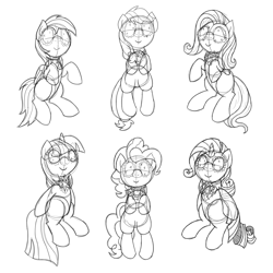 Size: 3600x3600 | Tagged: safe, artist:tsitra, character:applejack, character:fluttershy, character:pinkie pie, character:rainbow dash, character:rarity, character:twilight sparkle, species:pony, element of generosity, element of honesty, element of kindness, element of laughter, element of loyalty, element of magic, elements of harmony, mane six, monochrome, sketch, the elements in action