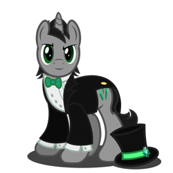 Size: 1417x1417 | Tagged: safe, alternate version, artist:stellardusk, character:king sombra, species:pony, species:unicorn, alternate cutie mark, alternate hairstyle, alternate universe, bow tie, clothing, cute, hat, looking at you, male, redesign, redesing of a redesing, simple background, solo, sombradorable, transparent background, tuxedo