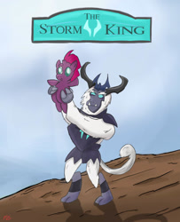 Size: 1300x1600 | Tagged: safe, artist:pacificgreen, character:fizzlepop berrytwist, character:storm king, character:tempest shadow, species:pony, my little pony: the movie (2017), broken horn, circle of life, crossover, female, filly, holding a pony, parody, pride rock, the lion king