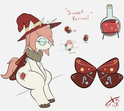Size: 3215x2873 | Tagged: safe, artist:starkdust, oc, oc:sweet vermeil, species:mothpony, chest fluff, clothing, eyebrows, freckles, glasses, hat, hooves, original species, reference sheet, simple background, sitting, thighs, unshorn fetlocks