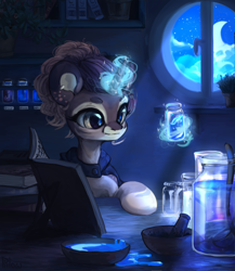 Size: 2000x2300 | Tagged: safe, artist:graypillow, oc, oc only, oc:helvetica somnos, species:pony, species:unicorn, book, cape, clothing, ear piercing, earring, female, glowing horn, jewelry, levitation, magic, mare, moon, moonlight, mortar and pestle, night, piercing, potion, solo, telekinesis, window