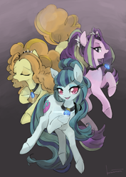 Size: 905x1280 | Tagged: safe, artist:kuzumori, character:adagio dazzle, character:aria blaze, character:sonata dusk, species:earth pony, species:pony, species:siren, abstract background, cloven hooves, colored, commission, digital drawing, equestria girls ponified, eyes closed, female, floating, gem, gift art, gradient background, mare, ponified, shading, signed, simple background, singing, siren gem, sirens doing siren things, smiling, the dazzlings, trio