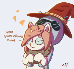 Size: 1000x933 | Tagged: safe, artist:starkdust, oc, oc:anon, oc:sweet vermeil, species:mothpony, anonymous, chest fluff, clothing, duo, freckles, glasses, hat, heart, hug, original species, simple background, sunglasses, unshorn fetlocks