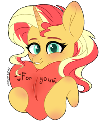 Size: 889x1107 | Tagged: safe, artist:fioweress, character:sunset shimmer, species:pony, species:unicorn, cute, female, heart, heart pillow, holiday, looking at you, mare, pillow, shimmerbetes, simple background, smiling, solo, transparent background, valentine's day