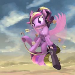 Size: 878x878 | Tagged: safe, artist:bakuel, character:princess cadance, species:alicorn, species:pony, arrow, bow (weapon), bow and arrow, cupid, cupidance, female, flying, horn, mare, princess, quiver, solo, weapon, wings